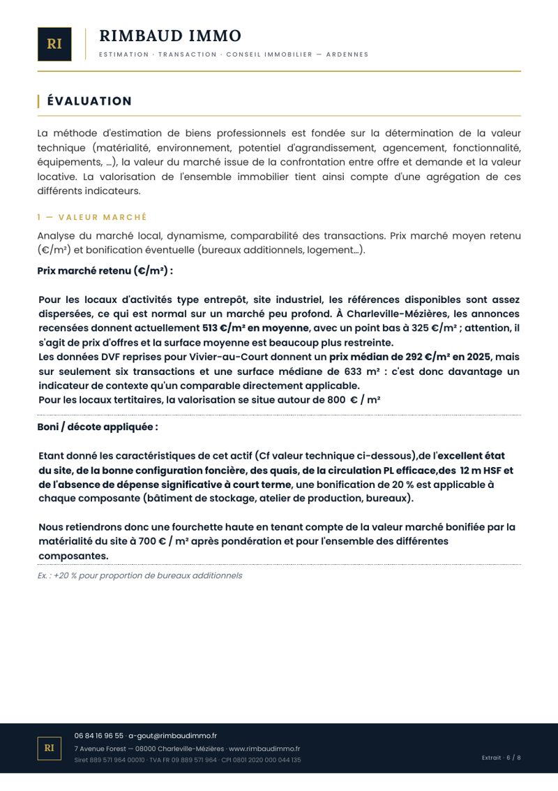 Page Évaluation de l’avis : valeur marché, 292 €/m² constatés, 700 €/m² retenus